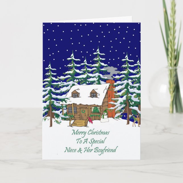 Log Cabin Christmas Niece & Boyfriend Holiday Card (Front)