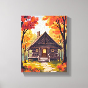 Log Cabin Fall Foliage Forest Watercolor Canvas Print