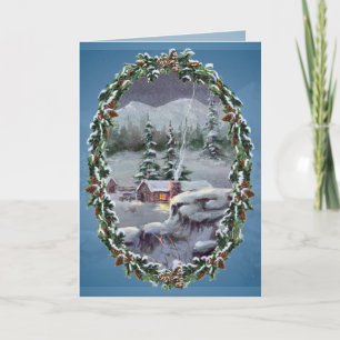 LOG CABIN & FIR BOUGHS by SHARON SHARPE Holiday Card