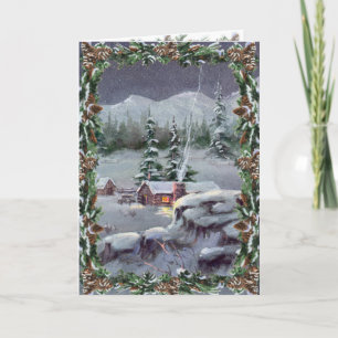 LOG CABIN & FIR BOUGHS by SHARON SHARPE Holiday Card