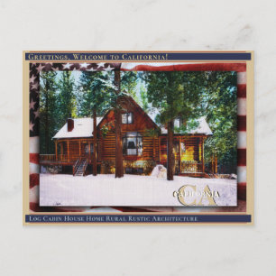 Log Cabin House Home Rural Rustic Linen + Flag Postcard