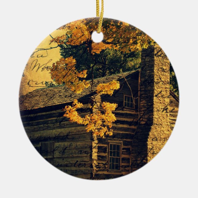 Log Cabin in Autumn Ceramic Ornament (Front)