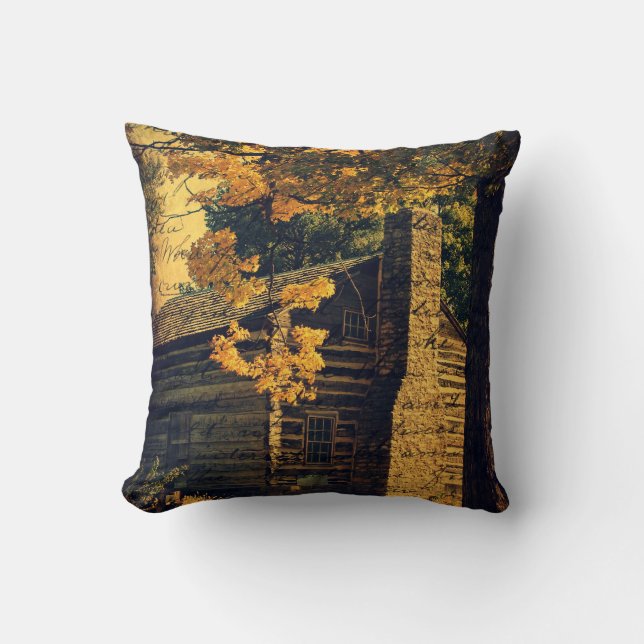 Log Cabin in Autumn Throw Pillow (Front)