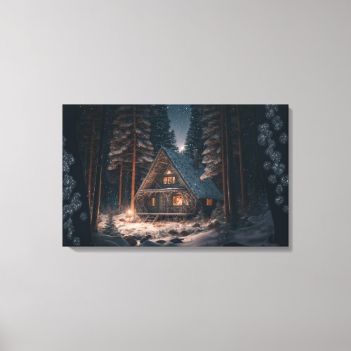 Log Cabin in Forest Blue Sky Stars Night Beautiful Canvas Print