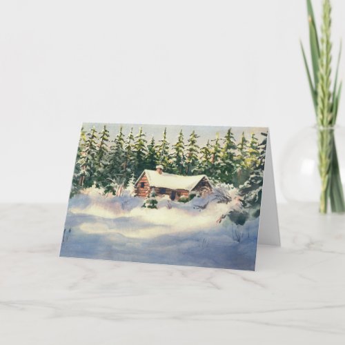 LOG CABIN in SNOW by SHARON SHARPE Holiday Card