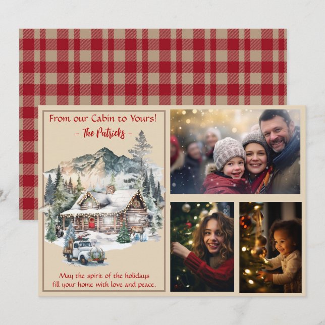 Log Cabin in the Mountains Christmas 3 Photo  Holiday Card (Front/Back)