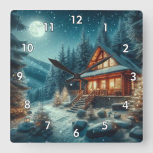 Log Cabin in the Snow Filled Woods under the Moon Square Wall Clock