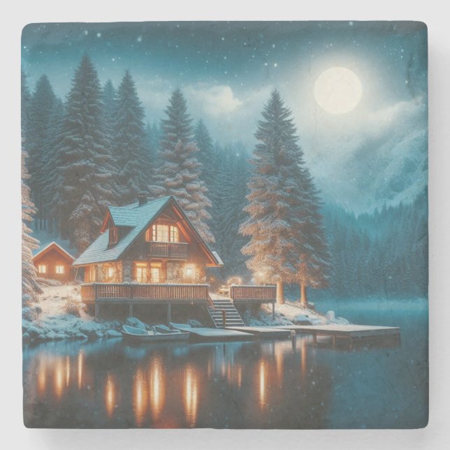 Log Cabin in the Snow Filled Woods under the Moon Stone Coaster (Front)