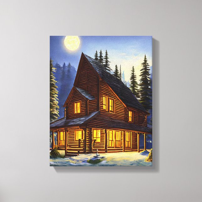 Log Cabin In The woods Snow landscape Art  Canvas Print (Front)