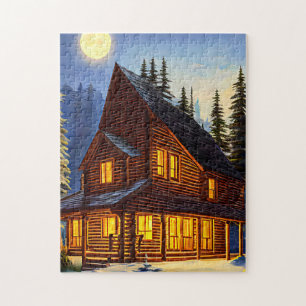 Log Cabin In The woods Snow landscape Art Jigsaw Puzzle