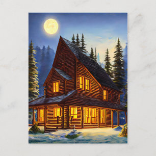 Log Cabin In The woods Snow landscape Art Postcard
