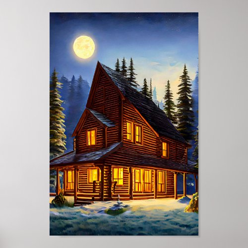 Log Cabin In The woods Snow landscape Art Poster