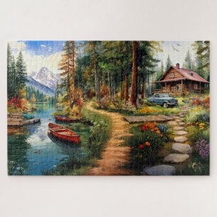Log Cabin in the Woods Watercolor Jigsaw Puzzle