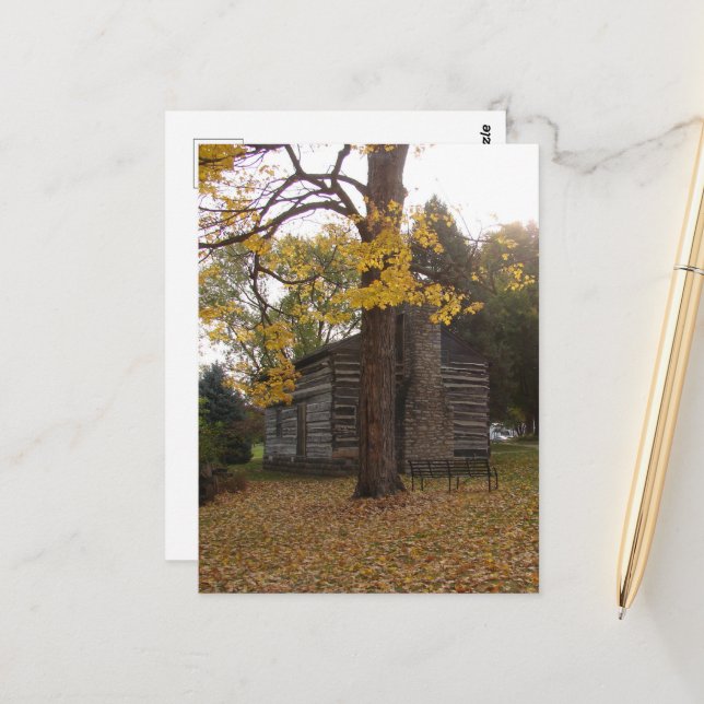 Log Cabin in Washington, Iowa in Autumn With Tree Postcard (Front/Back In Situ)