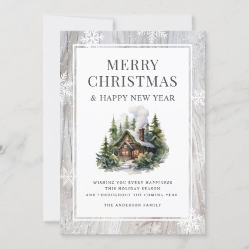 Log Cabin Merry Christmas Snowflakes Rustic Wood Holiday Card