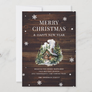 Log Cabin Merry Christmas Wood Snowflake Holiday Card