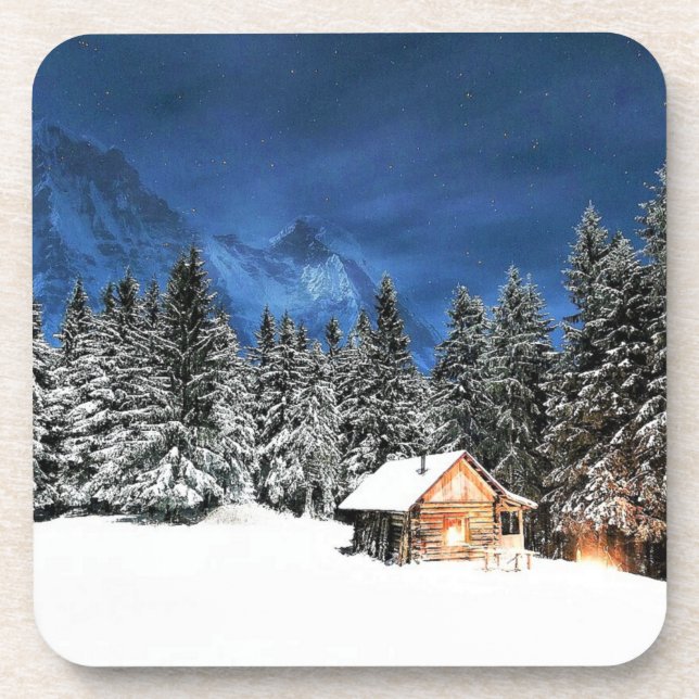 Log Cabin Mountain View Beverage Coaster (Front)