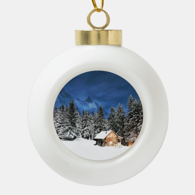 Log Cabin Mountain View Ceramic Ball Christmas Ornament (Front)