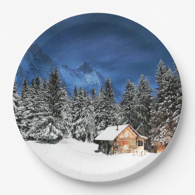 Log Cabin Mountain View Paper Plates (Front)
