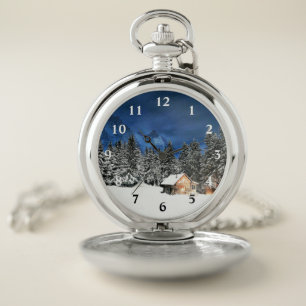 Log Cabin Mountain View Pocket Watch