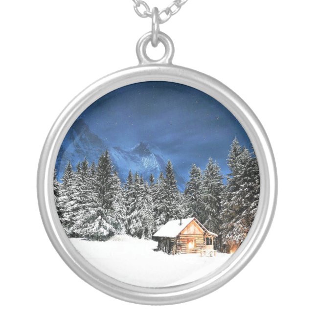 Log Cabin Mountain View Silver Plated Necklace (Front)