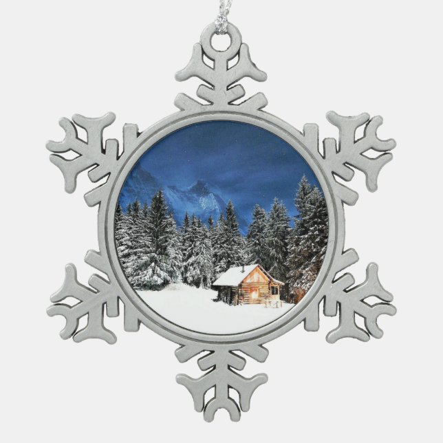 Log Cabin Mountain View Snowflake Pewter Christmas Ornament (Front)