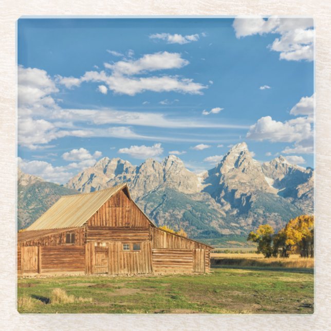 Log Cabin Near Mountain Range Glass Coaster (Front)