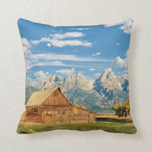 Log Cabin Near Mountain Range Throw Pillow