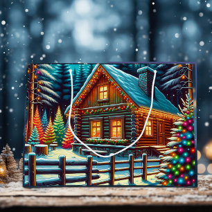 Log Cabin on Christmas Eve  Large Gift Bag