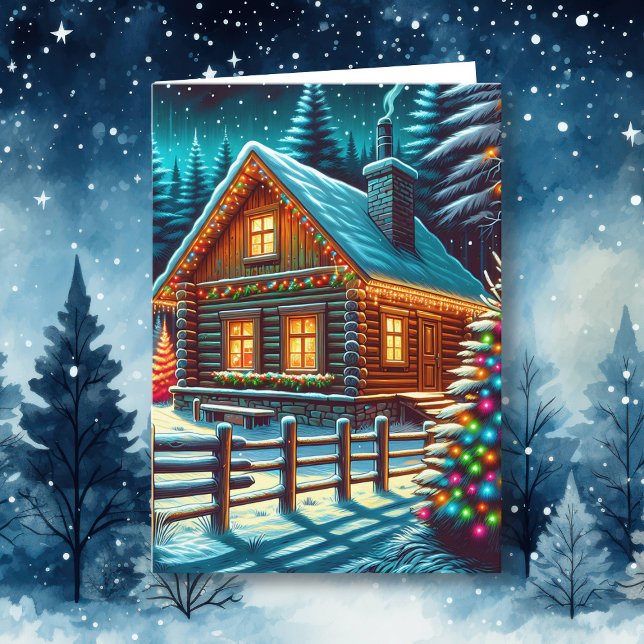 Log Cabin on Christmas Eve Personalized Card (Creator Uploaded)
