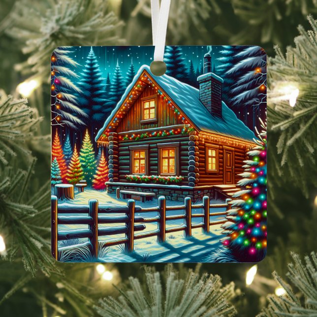 Log Cabin on Christmas Eve Personalized Metal Ornament (Insitu)
