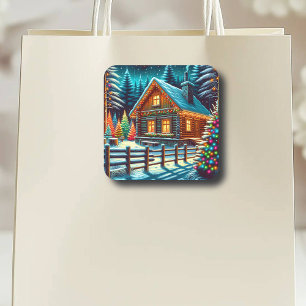 Log Cabin on Christmas Eve Square Sticker