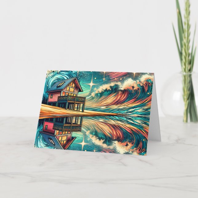 Log Cabin on the Beach Ai Art Birthday Card (Front)