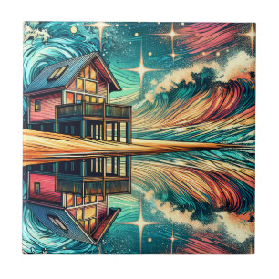 Log Cabin on the Beach Ai Art Ceramic Tile