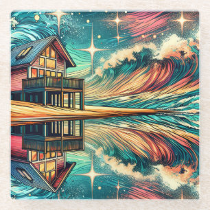 Log Cabin on the Beach Ai Art Glass Coaster