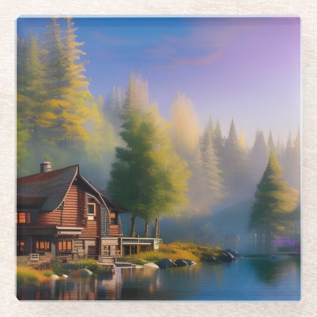 Log Cabin on the Lake Glass Coaster (Front)