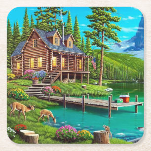 Log Cabin on the Water Fine Art Square Paper Coaster