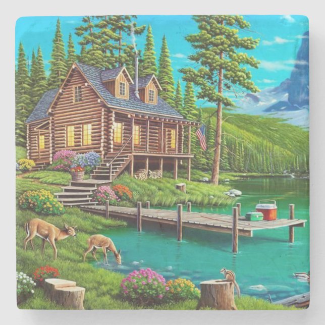 Log Cabin on the Water Fine Art Stone Coaster (Front)