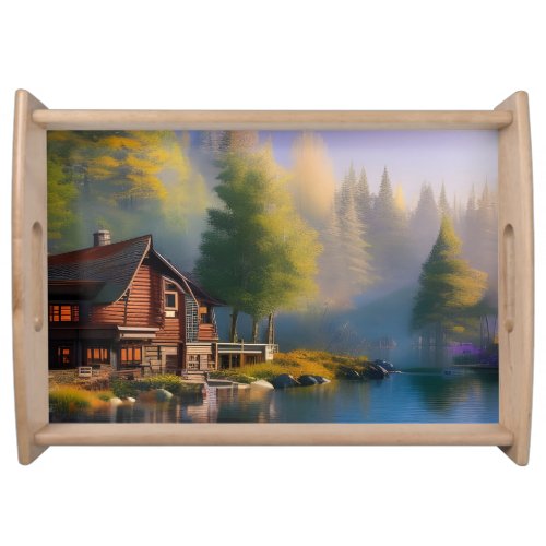 Log Cabin on the water Serving Tray