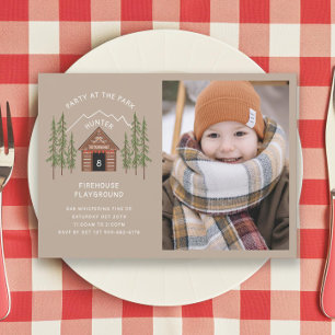 Log Cabin Outdoorsman Mountain Birthday Party Invitation