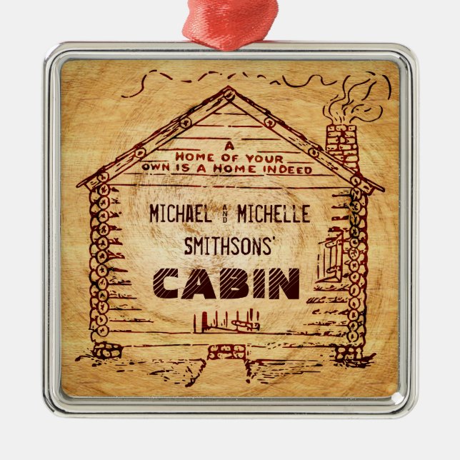 Log Cabin Personalized Faux Wood Metal Ornament (Front)