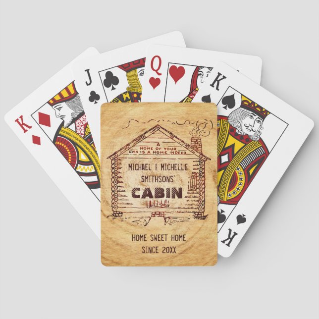 Log Cabin Personalized Faux Wood Poker Cards (Back)