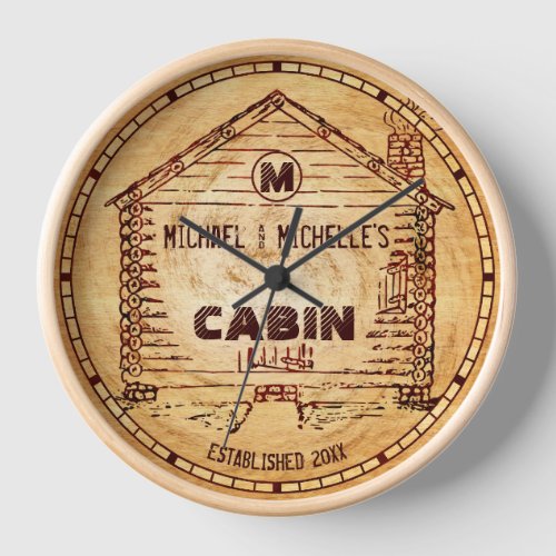Log Cabin Personalized Name and Monogram Faux Wood Clock