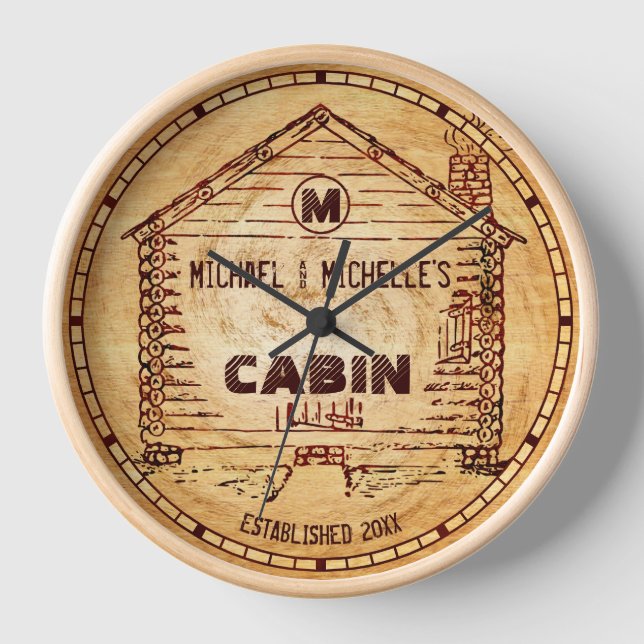 Log Cabin Personalized Name and Monogram Faux Wood Clock (Front)
