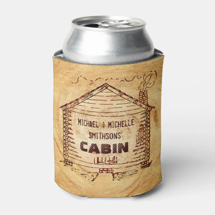 Log Cabin Personalized Name Faux Wood Vintage Can Cooler Zazzle