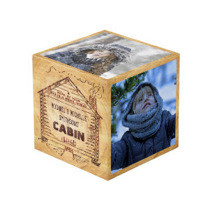 Log Cabin Personalized Name Faux Wood Vintage Cube