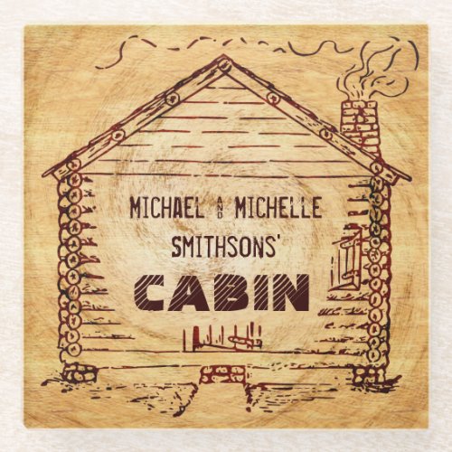 Log Cabin Personalized Name Faux Wood Vintage Glass Coaster