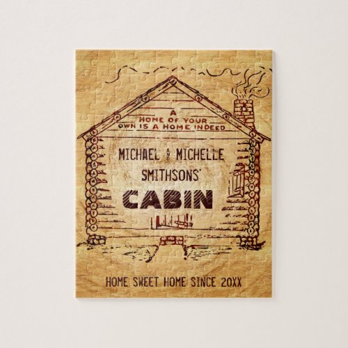 Log Cabin Personalized Name Faux Wood Vintage Jigsaw Puzzle
