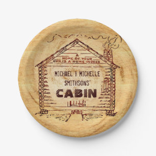 Log Cabin Personalized Name Faux Wood Vintage Paper Plates