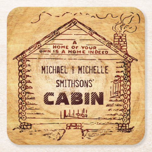 Log Cabin Personalized Name Faux Wood Vintage Square Paper Coaster